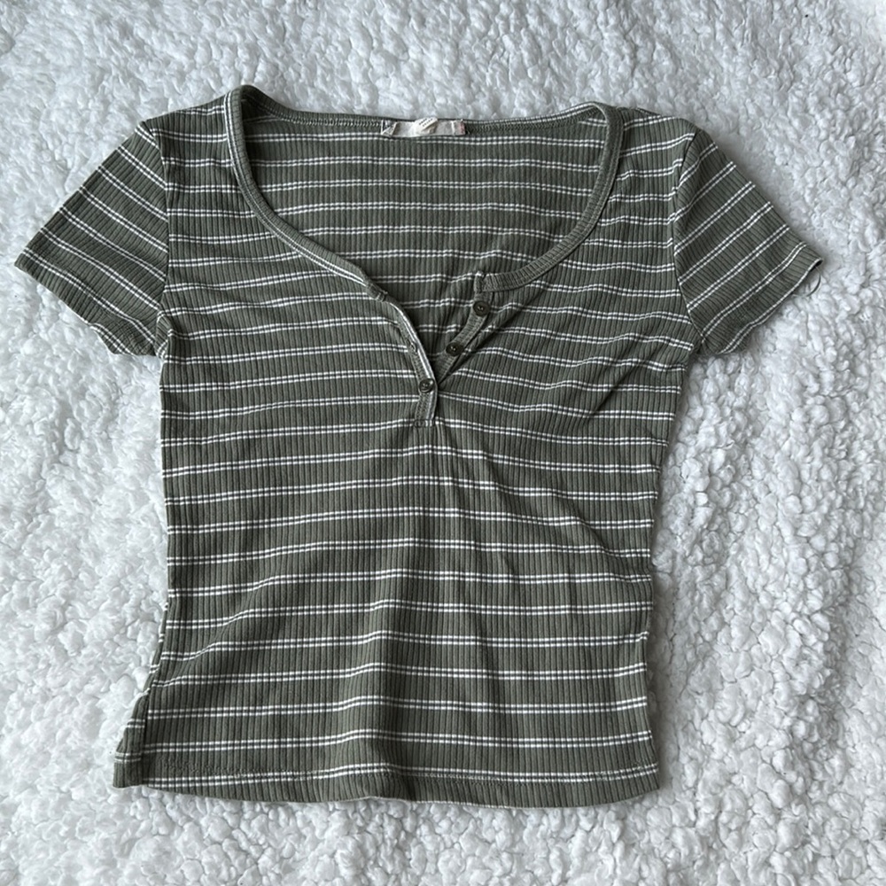 Green Shirt with buttons and thin white stripes